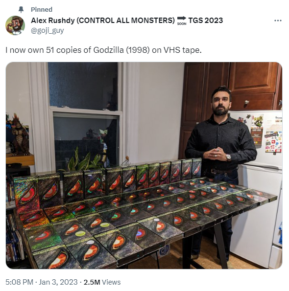 A man and his many Godzilla (1998) copies on VHS